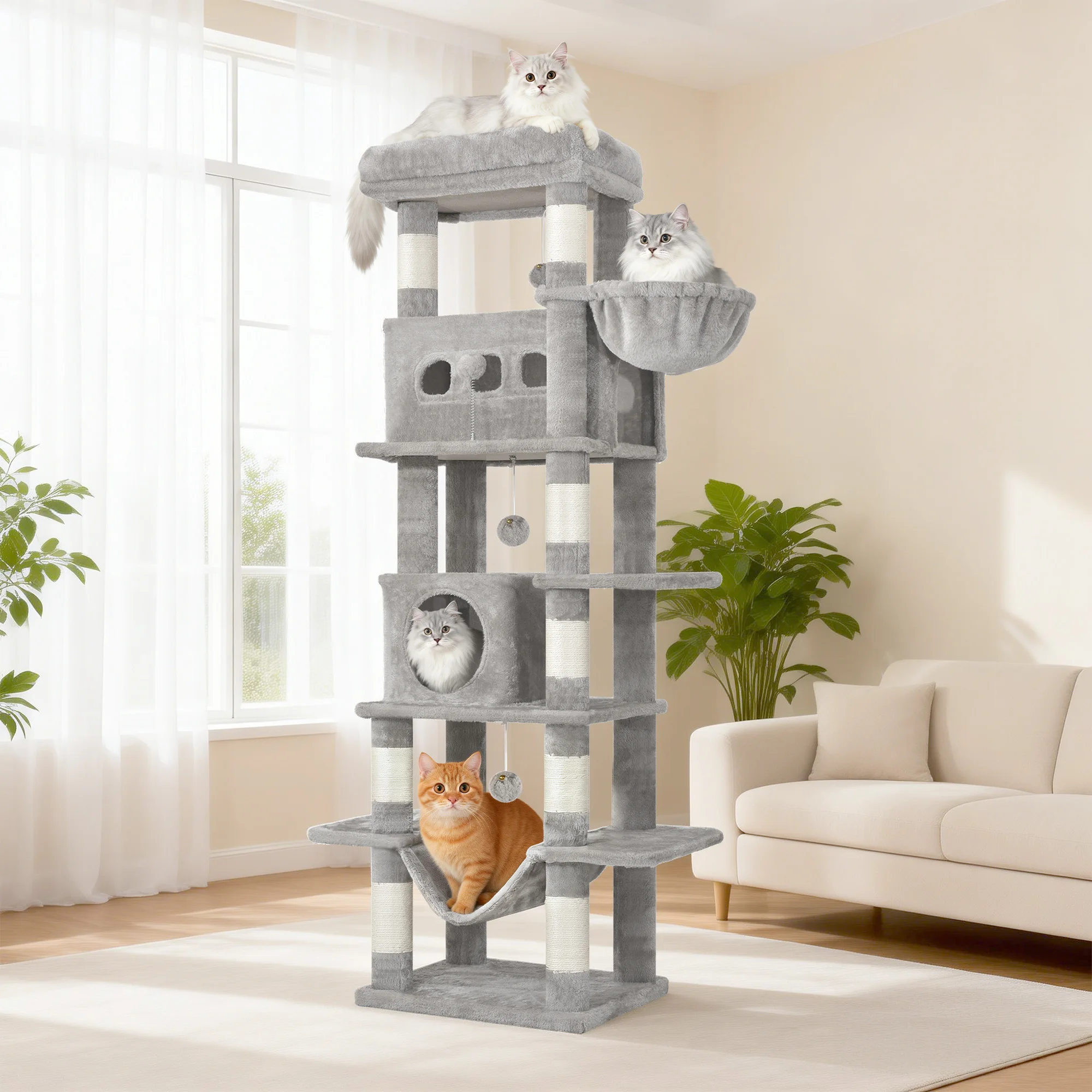 Arbre à chat de 170 cm, tour pour chat de grande taille, griffoir multi-niveaux avec grande perchoir, tapis lavable