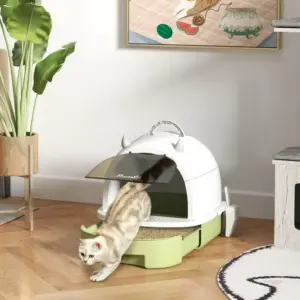 Closed cat litter box with semi transparent door and replaceable filter - easy to clean drawer, anti garbage overflow pedal, por