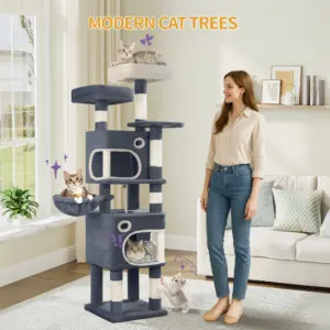 Arbre à chat de 159 cm pour chats d'intérieur, tour à chat multi-niveaux avec 8 poteaux à gratter, 3 plateformes, 2 grottes, panier