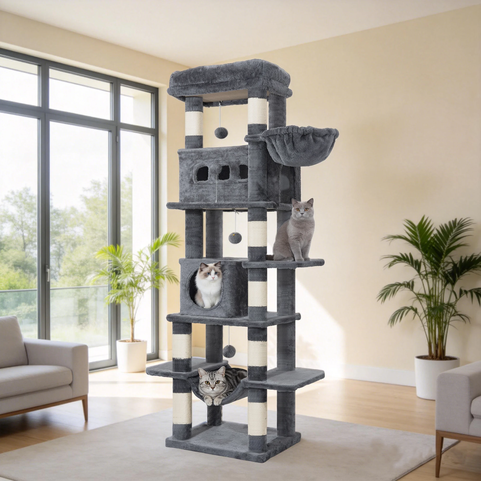 Arbre à chat de 170 cm, tour pour chat de grande taille, griffoir multi-niveaux avec grande perchoir, tapis lavable – Image 3