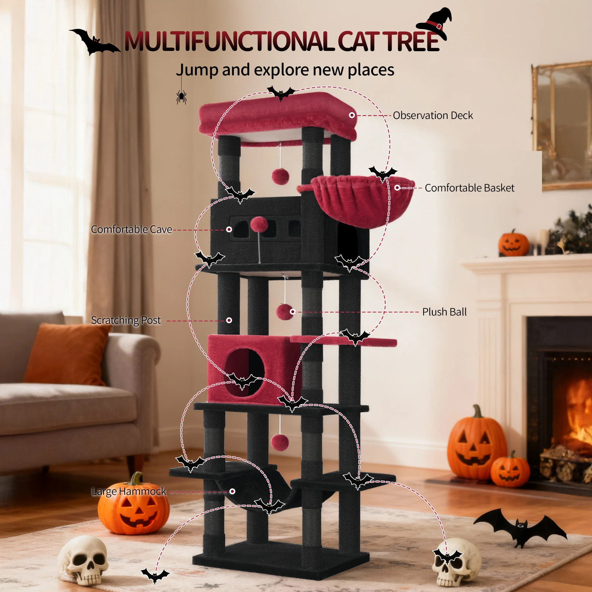 Arbre à chat de 170 cm, tour pour chat de grande taille, griffoir multi-niveaux avec grande perchoir, tapis lavable – Image 5