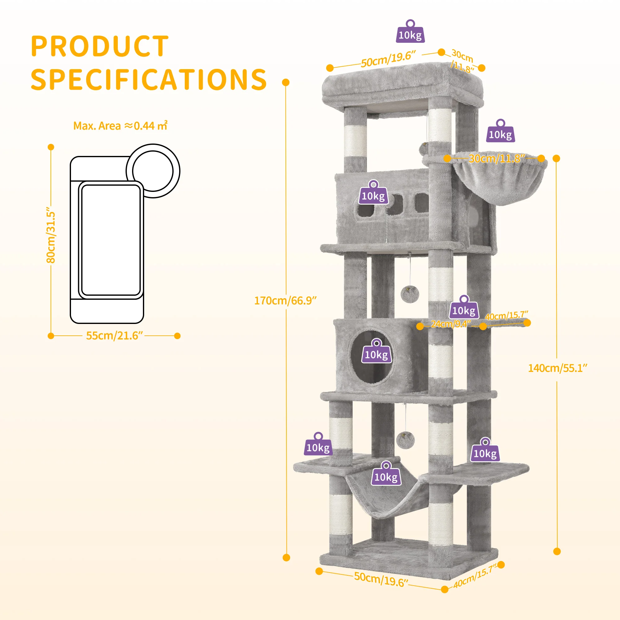 Arbre à chat de 170 cm, tour pour chat de grande taille, griffoir multi-niveaux avec grande perchoir, tapis lavable – Image 6