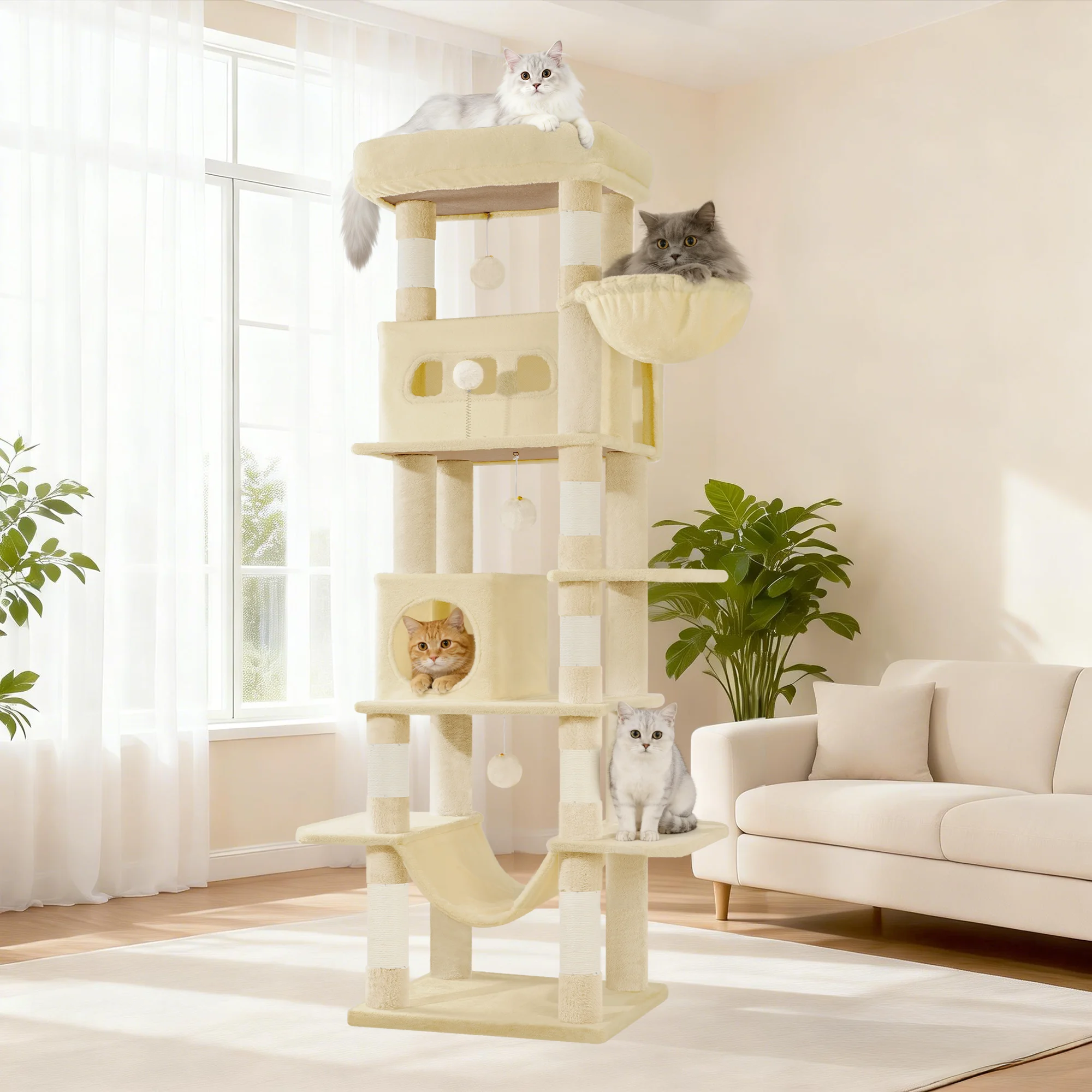 Arbre à chat de 170 cm, tour pour chat de grande taille, griffoir multi-niveaux avec grande perchoir, tapis lavable – Image 4