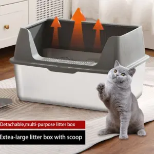 Bac à litière semi-fermé en acier inoxydable, anti-éclaboussures à haute clôture, facile à nettoyer pour les produits de nettoyage des animaux de compagnie des chats gras