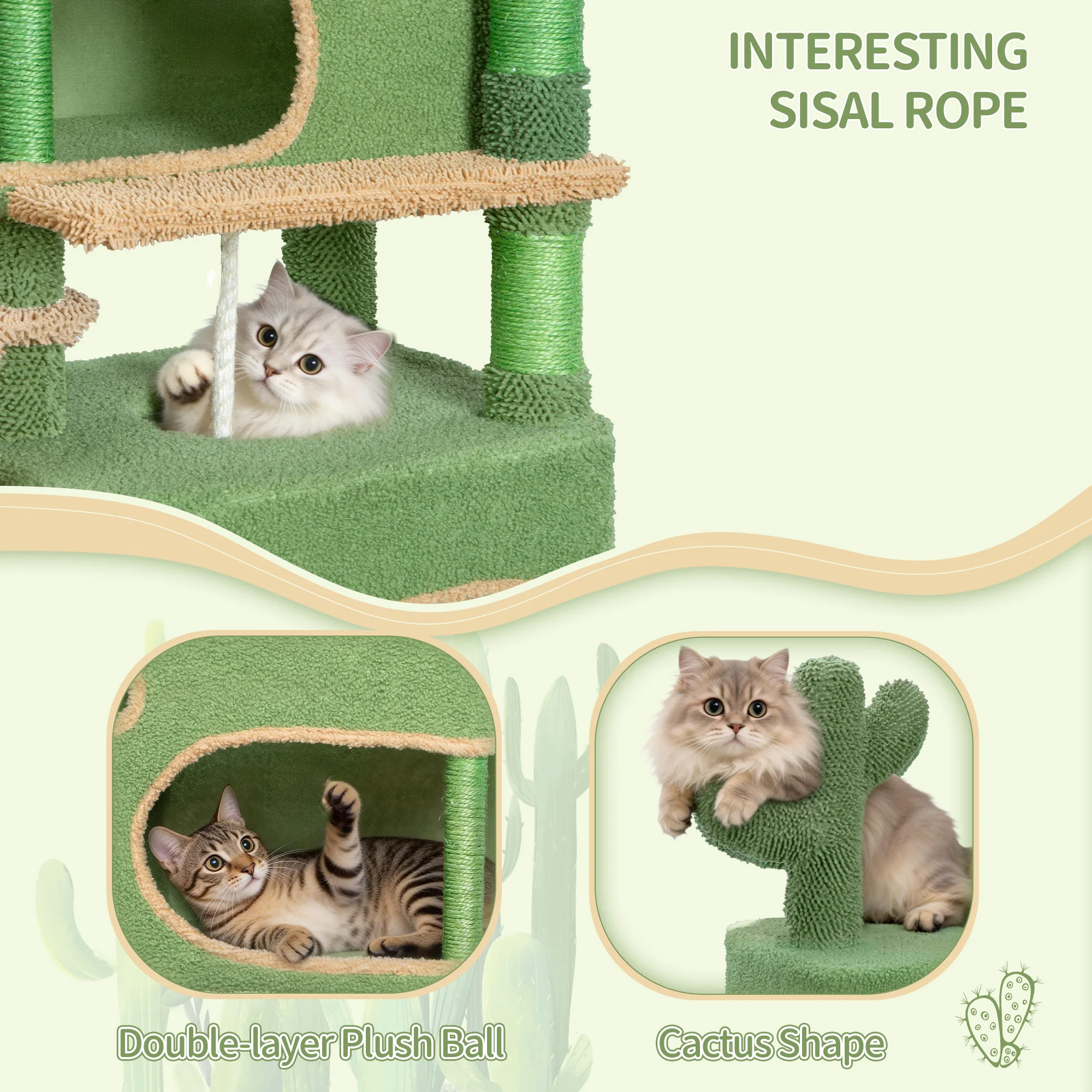 Arbre à chat Cactus, arbre à chat de 165 cm avec 6 poteaux à gratter, 2 plateformes, 2 grottes, panier, corde en sisal, pour chats de différentes tailles – Image 2