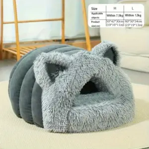 Lit pour animaux de compagnie fermé hiver chaud en peluche à capuche lit pour chat maison avec oreilles mignonnes nid intérieur grotte confort chatons cachette pour petit chien