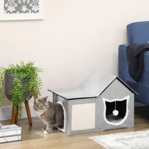 Cave pour chat PawHut, maison pour chat avec zone à gratter, doubles portes, balle jouet en polyester