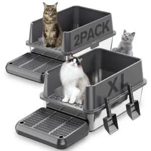 Paquet de 2 bacs à litière pour chat extra large XL en acier inoxydable avec couvercle bac à litière en métal pour chats grands et chats multiples