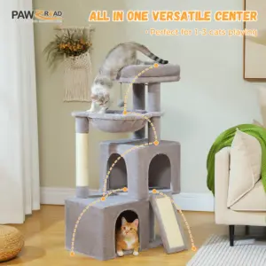 Grand arbre à chats d'intérieur avec plusieurs niveaux, poteau à griffer en sisal, deux condos spacieux, tapis à griffer pour chat et jouets pour chat, chat accessoires pour chats