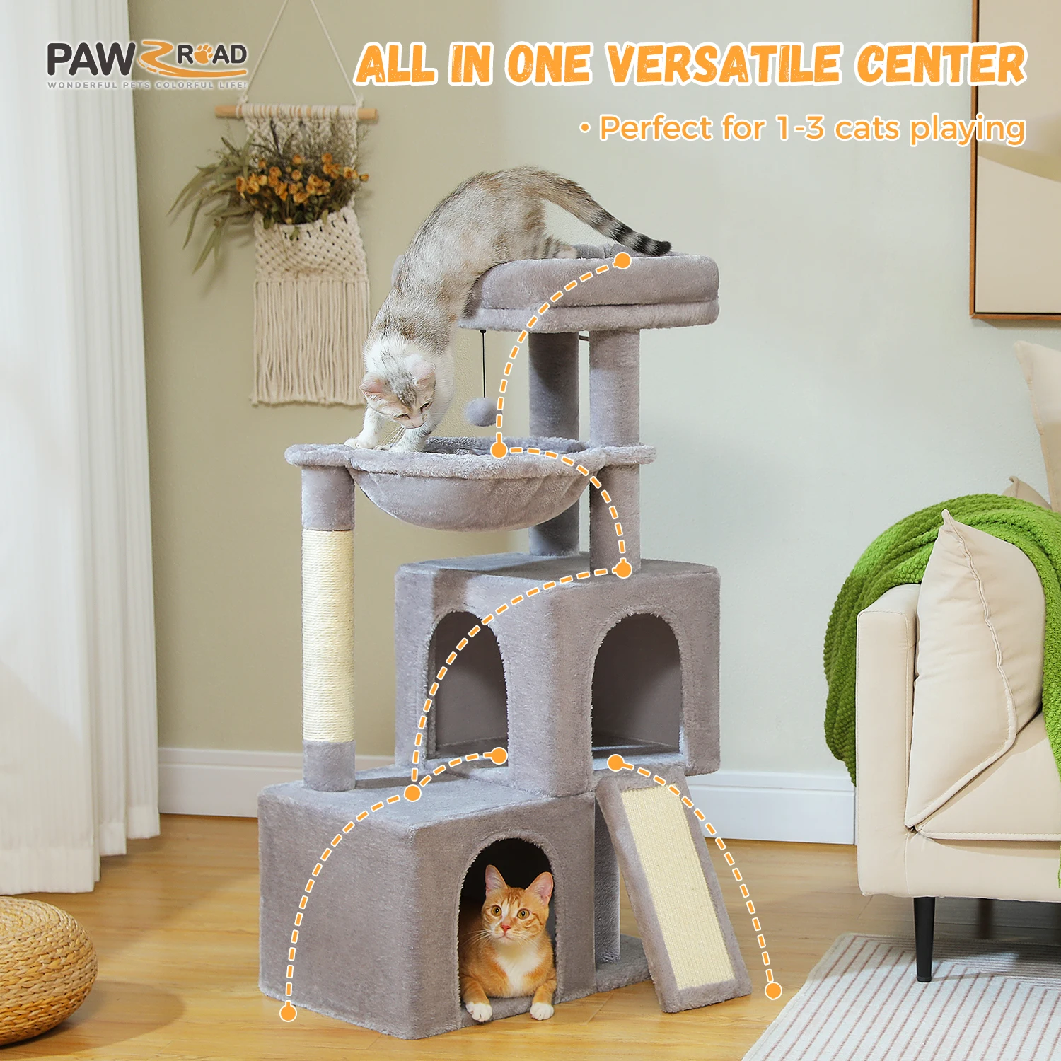 Grand arbre à chats d'intérieur avec plusieurs niveaux, poteau à griffer en sisal, deux condos spacieux, tapis à griffer pour chat et jouets pour chat, chat accessoires pour chats