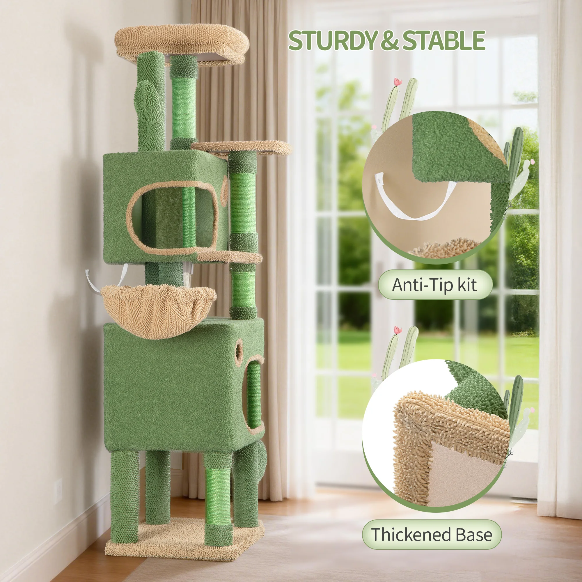 Arbre à chat Cactus, arbre à chat de 165 cm avec 6 poteaux à gratter, 2 plateformes, 2 grottes, panier, corde en sisal, pour chats de différentes tailles – Image 3