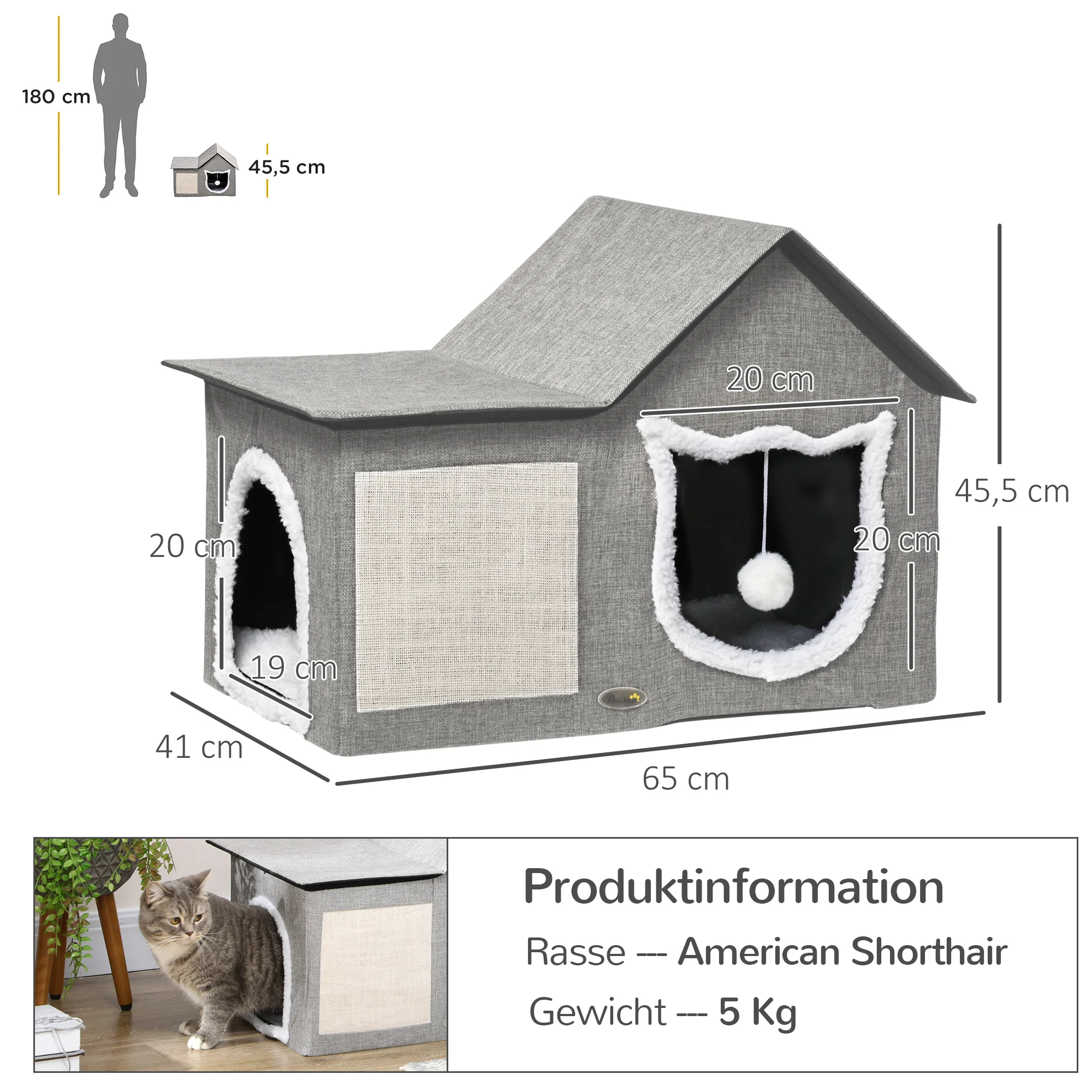 Cave pour chat PawHut, maison pour chat avec zone à gratter, doubles portes, balle jouet en polyester – Image 3