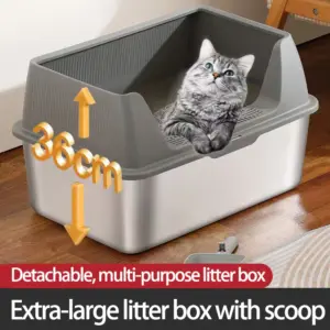 Bac à litière en acier inoxydable avec couvercle de pelle à litière, côté haut, adapté aux grands chats, antiadhésif, anti-fuite
