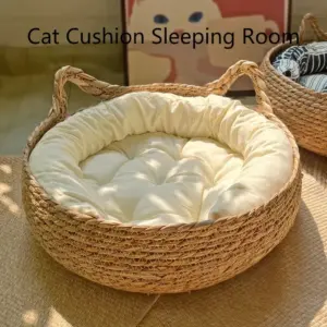 Lit pour chat tissé purement naturel, coussin lavable universel, accessoire de fournitures pour animaux de compagnie, adapté à l'hiver, adapté à toutes les saisons.