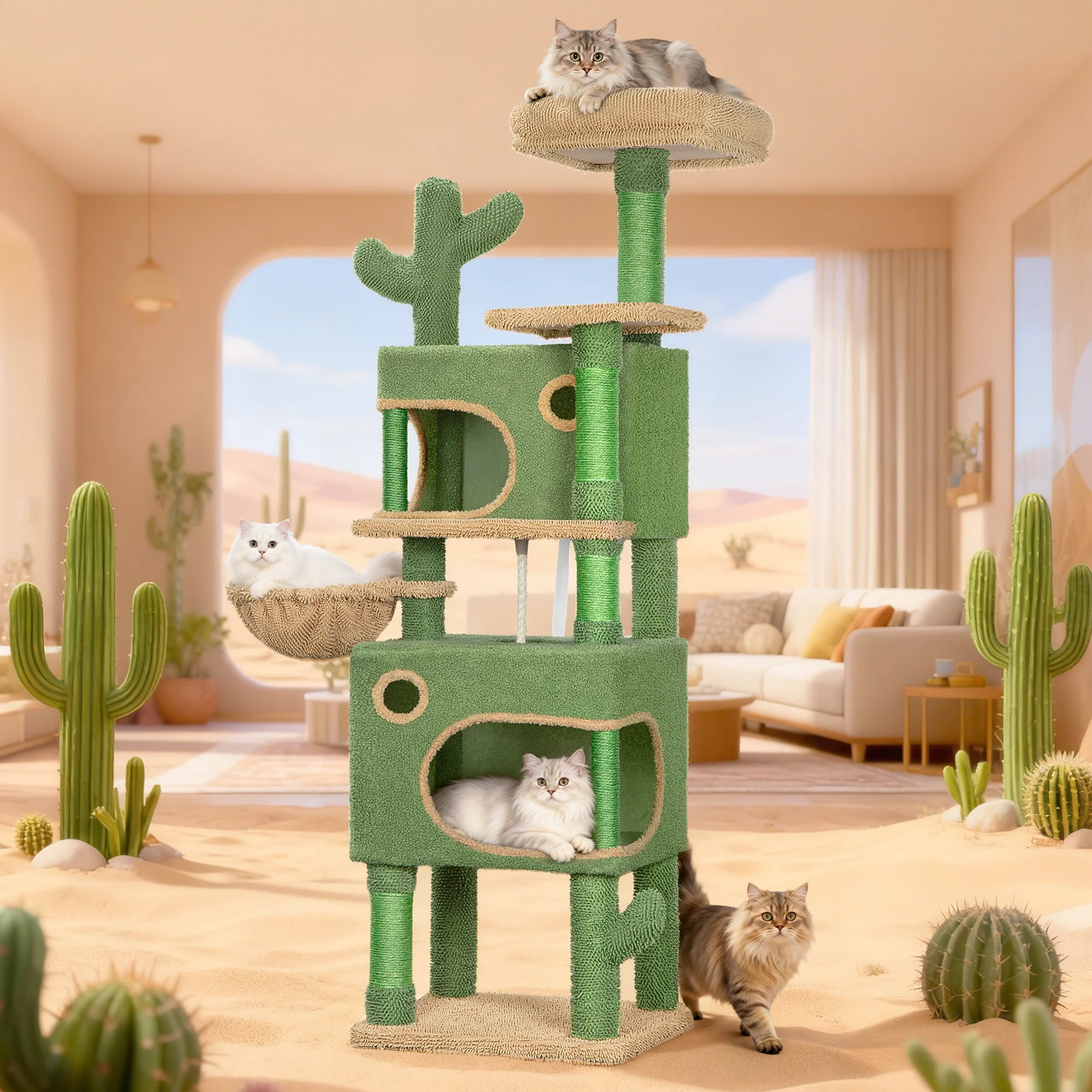 Arbre à chat Cactus, arbre à chat de 165 cm avec 6 poteaux à gratter, 2 plateformes, 2 grottes, panier, corde en sisal, pour chats de différentes tailles – Image 4