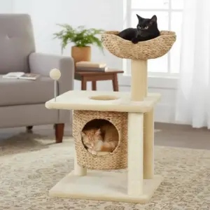 Cat tree with cat cave, lounging platform, play ball, 45x40x74cm, beige