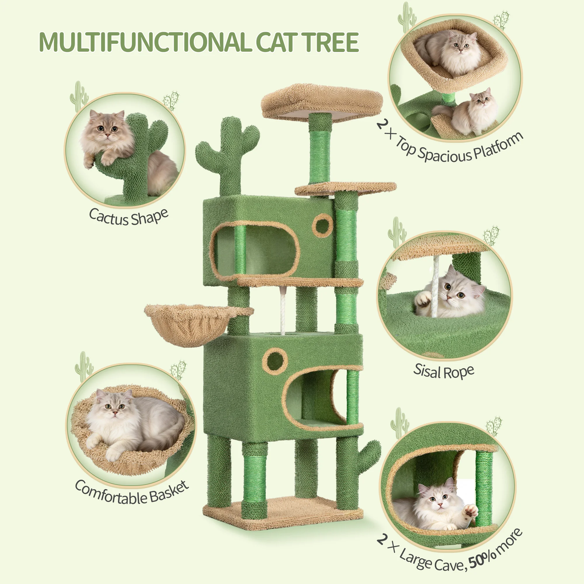 Arbre à chat Cactus, arbre à chat de 165 cm avec 6 poteaux à gratter, 2 plateformes, 2 grottes, panier, corde en sisal, pour chats de différentes tailles – Image 5
