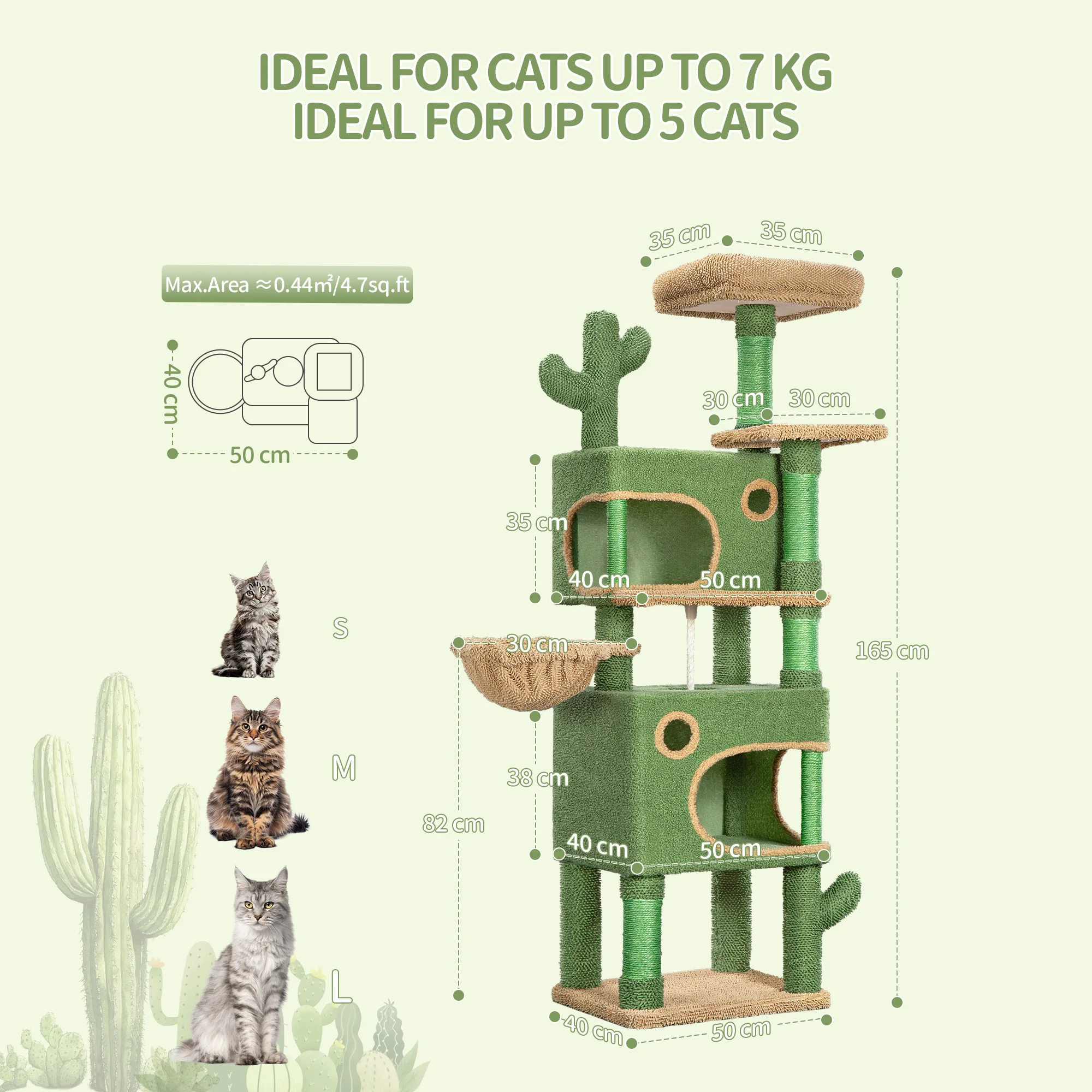 Arbre à chat Cactus, arbre à chat de 165 cm avec 6 poteaux à gratter, 2 plateformes, 2 grottes, panier, corde en sisal, pour chats de différentes tailles – Image 6