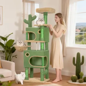 Arbre à chat Cactus, arbre à chat de 165 cm avec 6 poteaux à gratter, 2 plateformes, 2 grottes, panier, corde en sisal, pour chats de différentes tailles