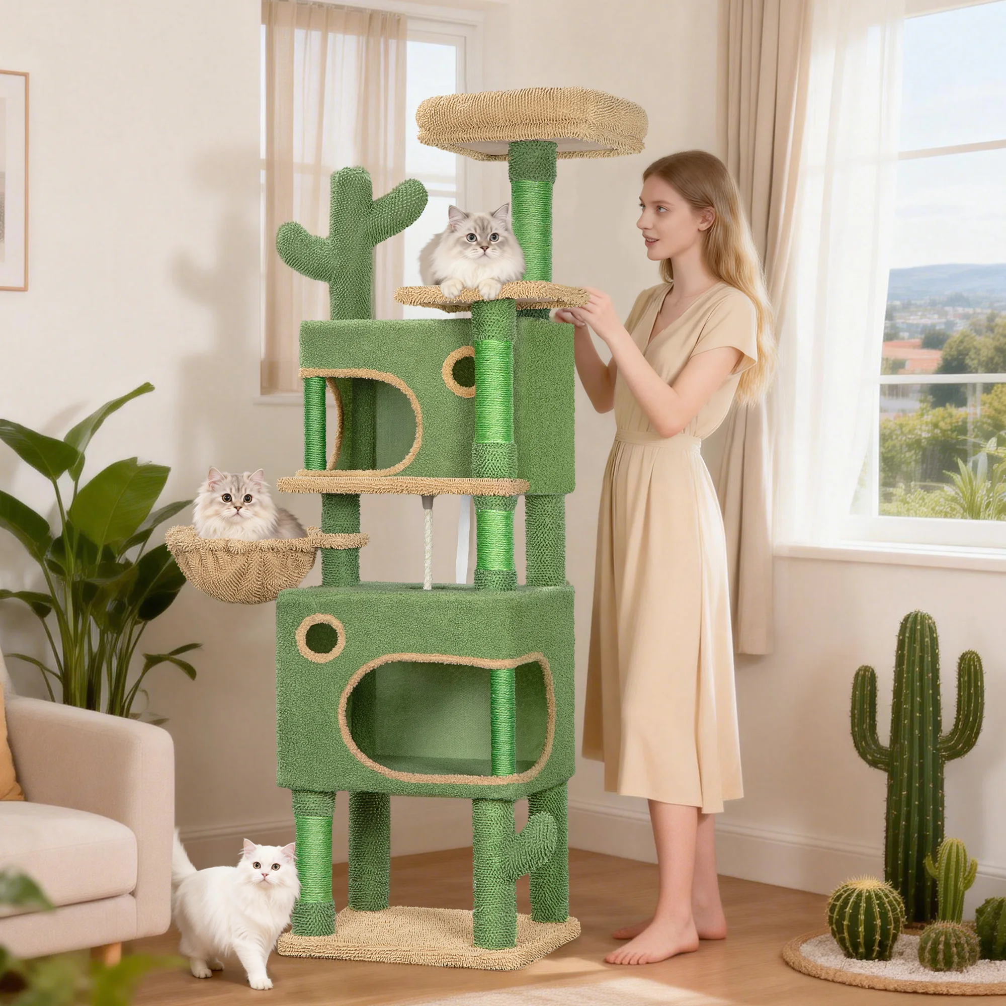 Arbre à chat Cactus, arbre à chat de 165 cm avec 6 poteaux à gratter, 2 plateformes, 2 grottes, panier, corde en sisal, pour chats de différentes tailles