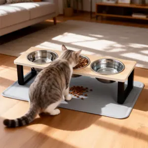 Support pour 3 bols à chat, structure en fer, distributeur de nourriture surélevé, tapis en silicone pour bol à chat, tapis d'alimentation imperméable et antidérapant pour chats