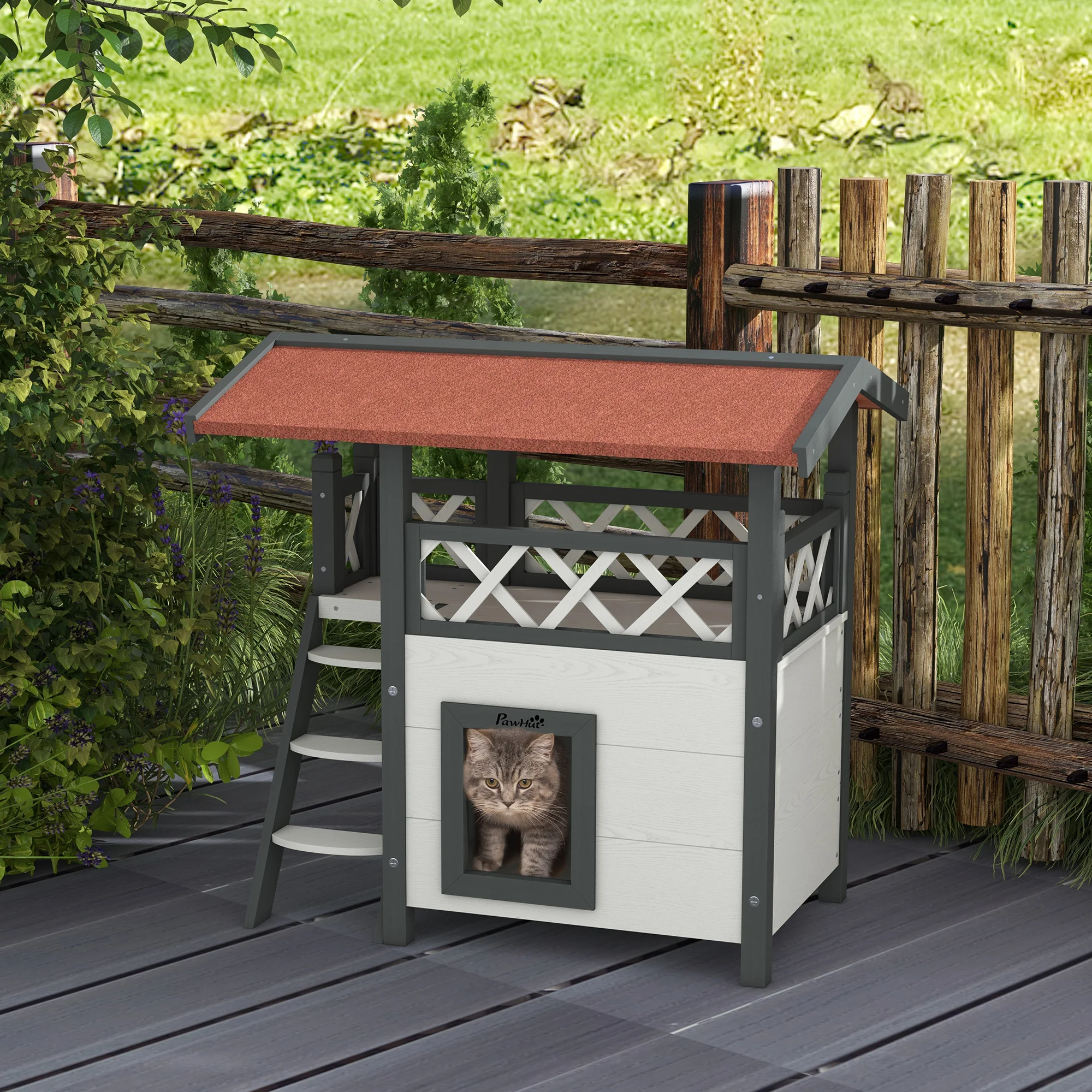 Chalet bois extérieur pour chat avec terrasse et échelle – Image 2