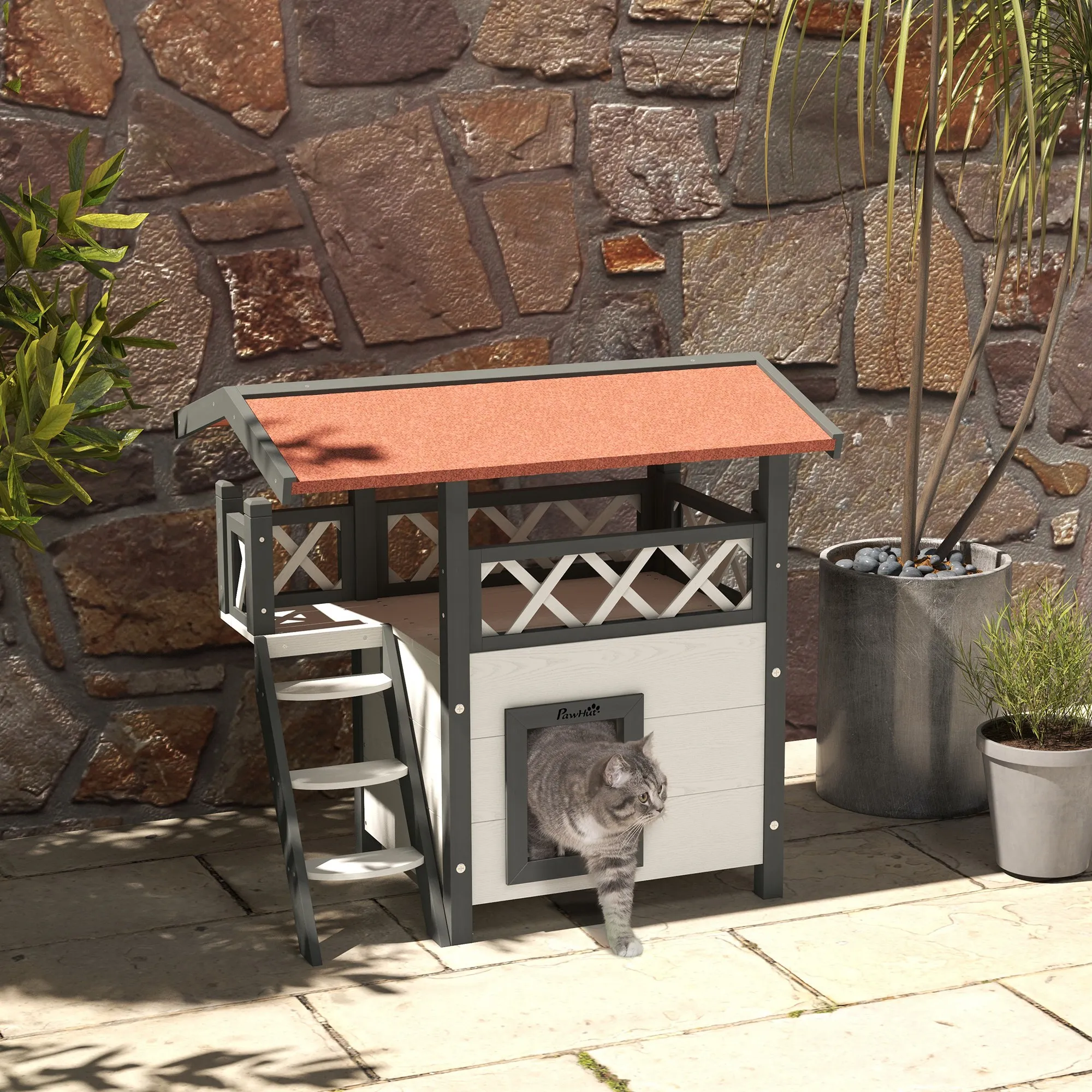 Chalet bois extérieur pour chat avec terrasse et échelle – Image 3