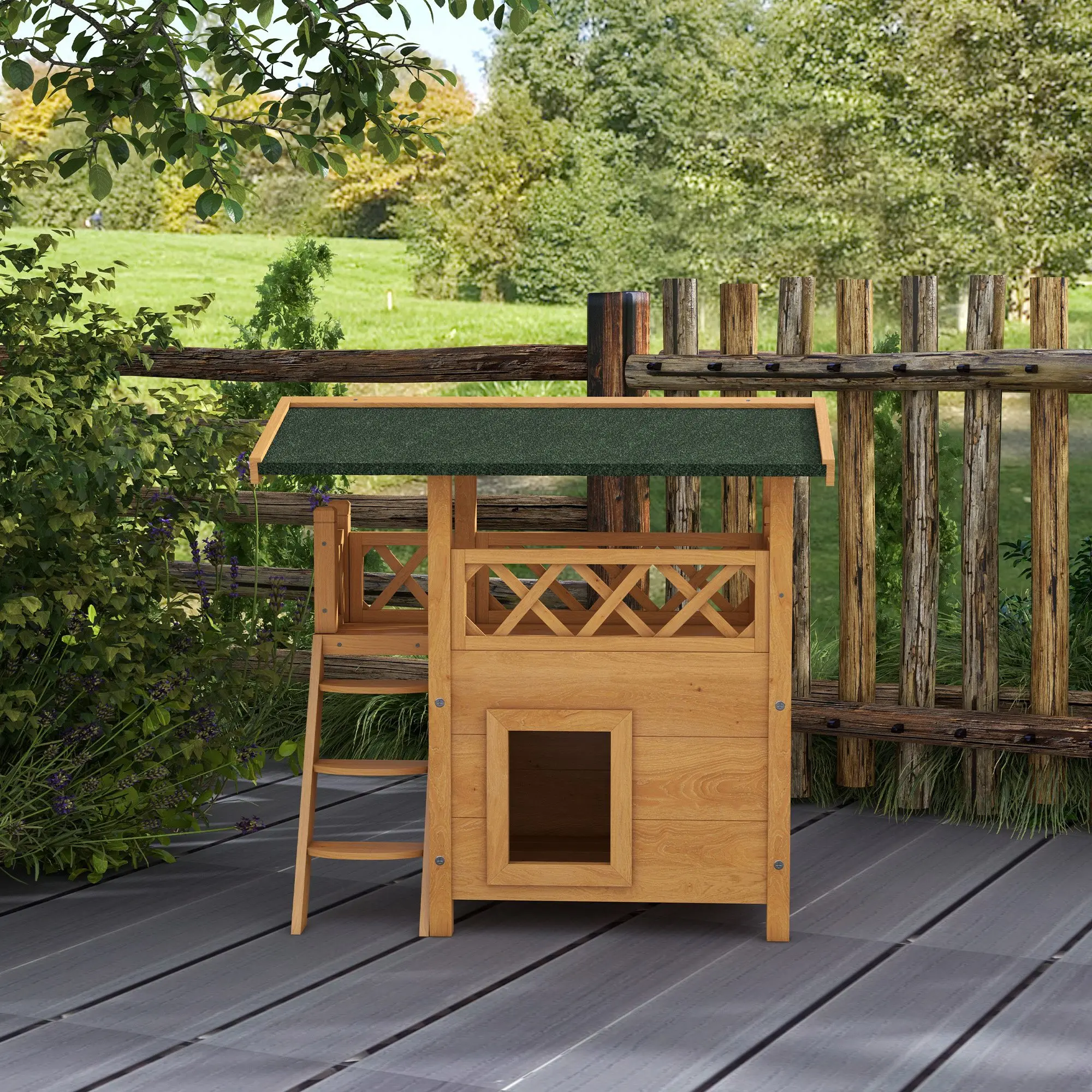 Villa pour chat en bois résistante aux intempéries avec balcon – Image 3