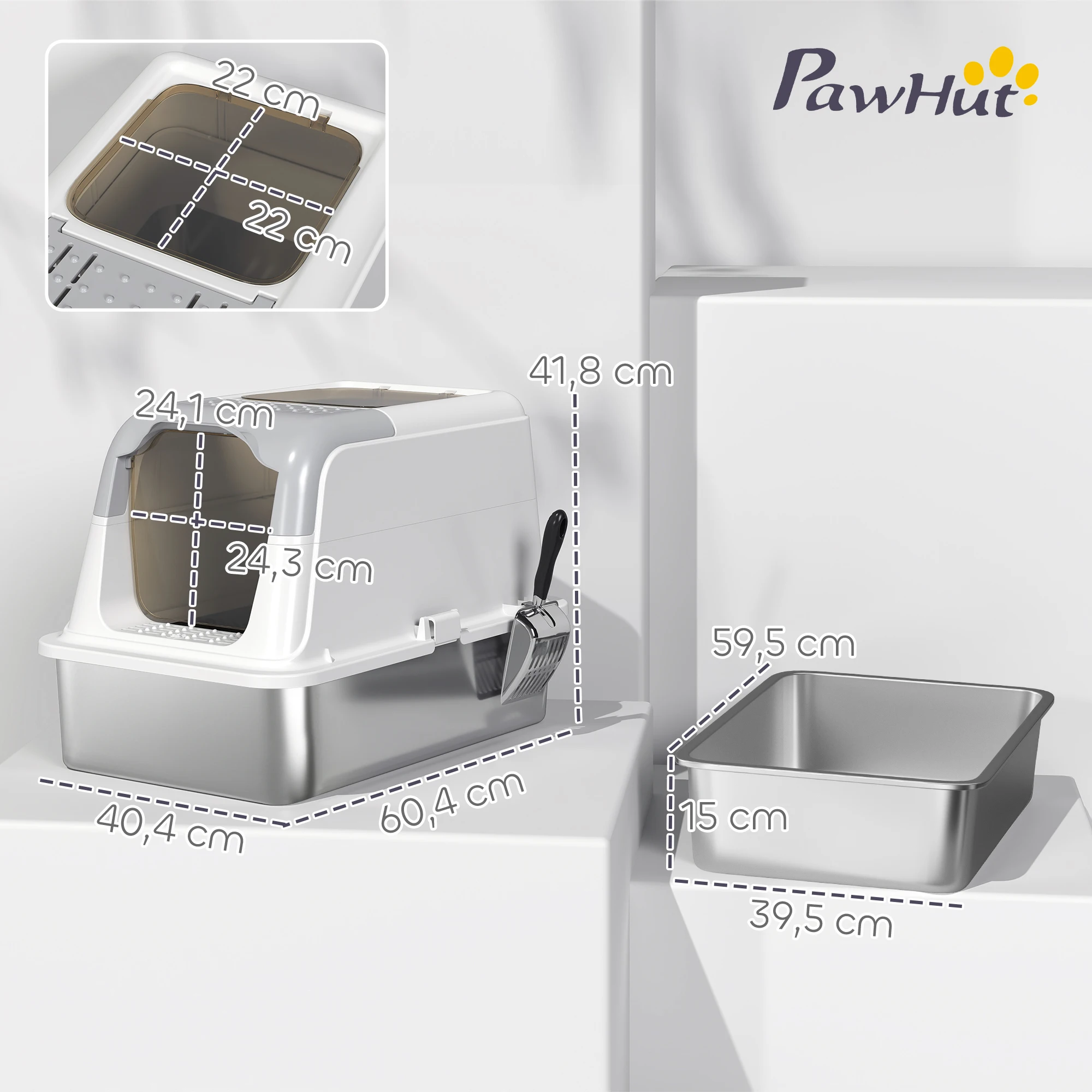 Bac à litière fermé en inox blanc, double entrée et tapis anti-éclaboussures – Image 4