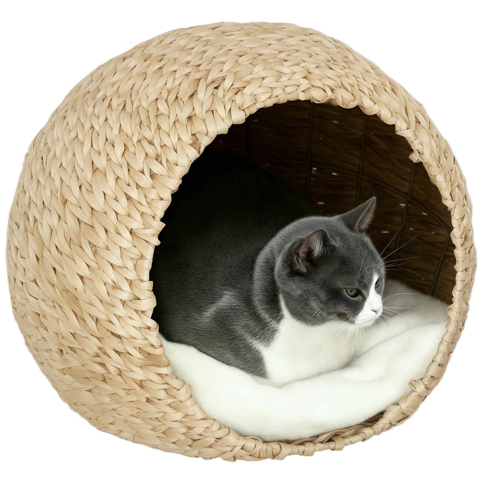 Lit-caverne en osier tissé main avec coussin amovible pour chat – Image 2