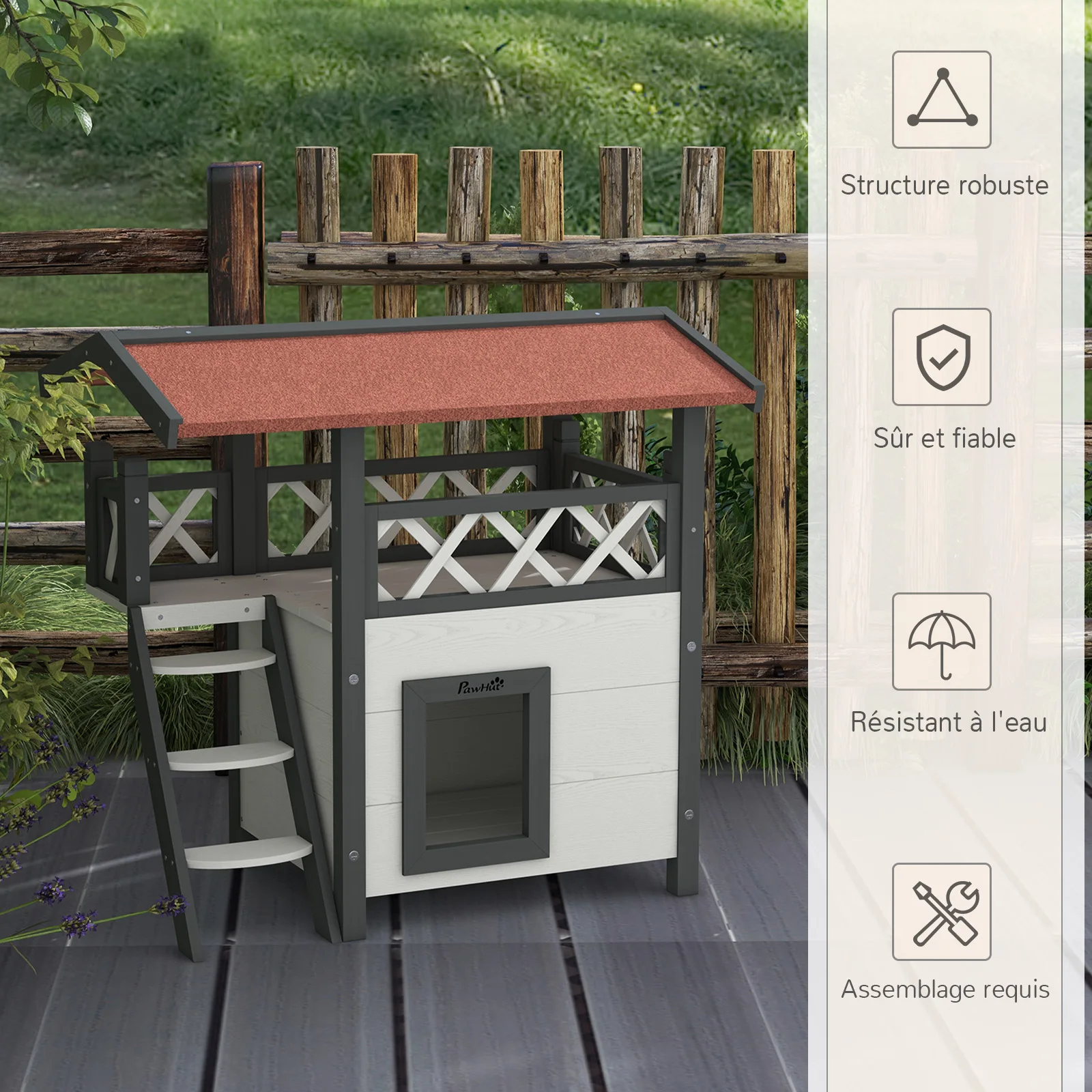 Chalet bois extérieur pour chat avec terrasse et échelle – Image 4