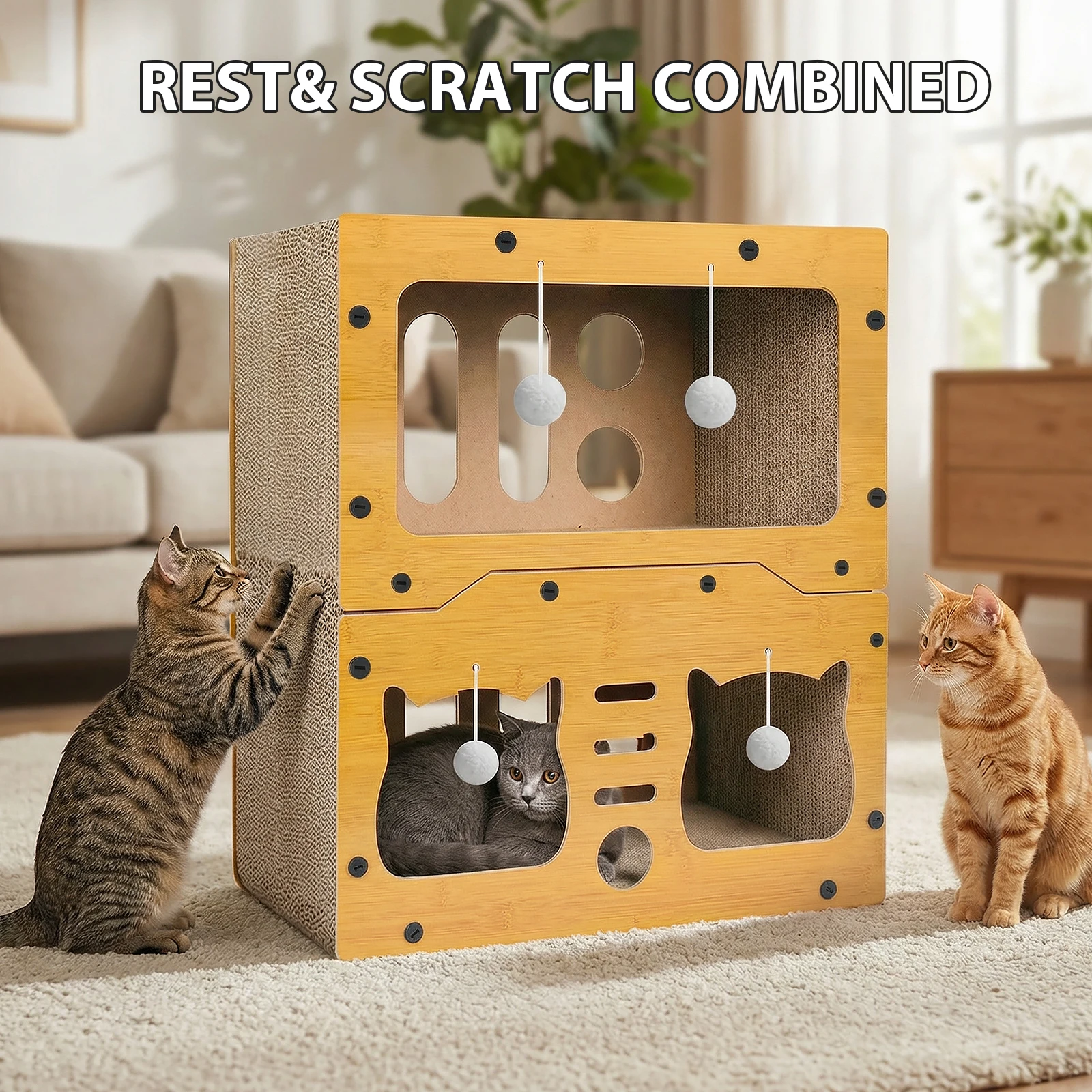 Maison à 3 niveaux avec griffoir tout-en-un pour chat – Image 2