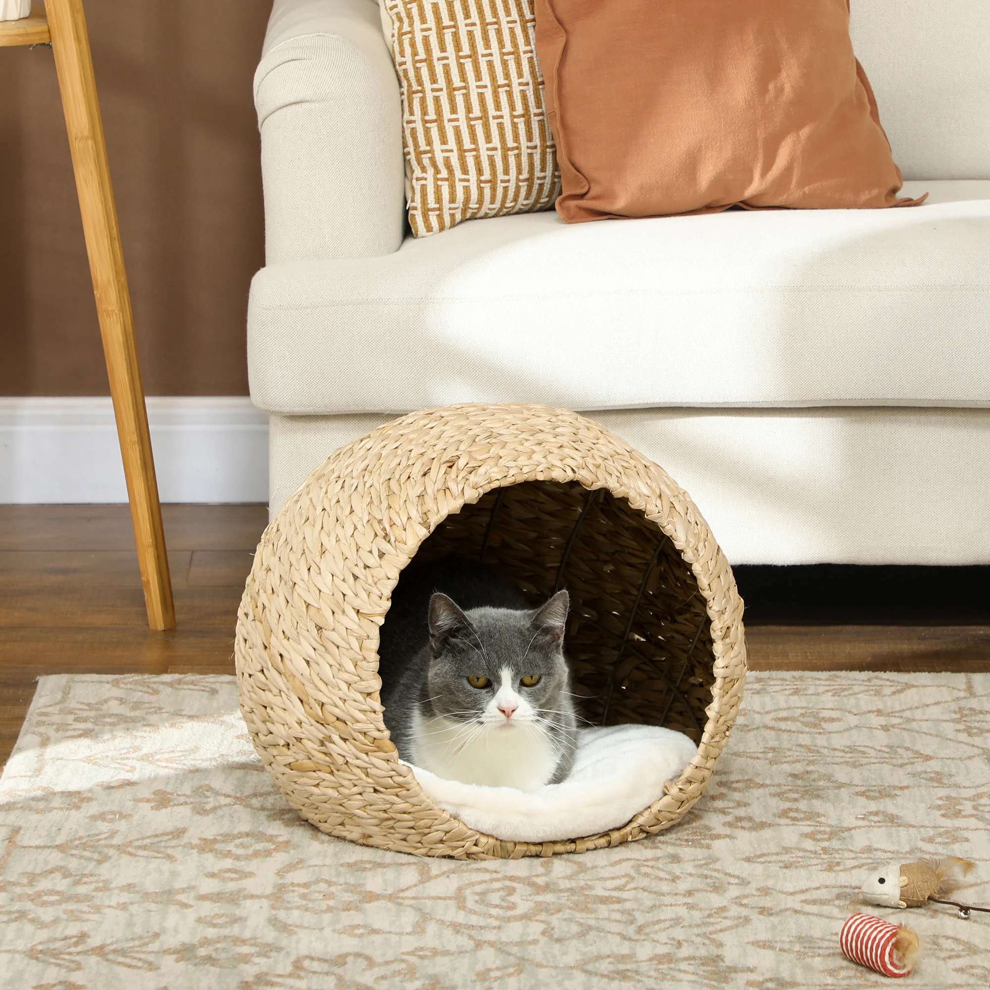 Lit-caverne en osier tissé main avec coussin amovible pour chat – Image 4