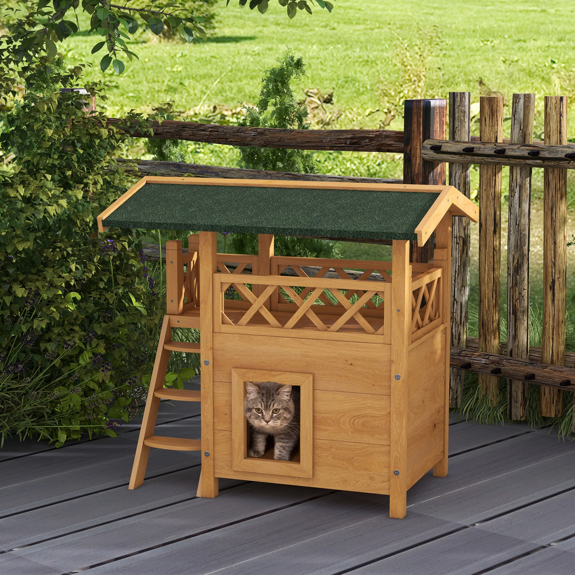 Villa pour chat en bois résistante aux intempéries avec balcon – Image 2