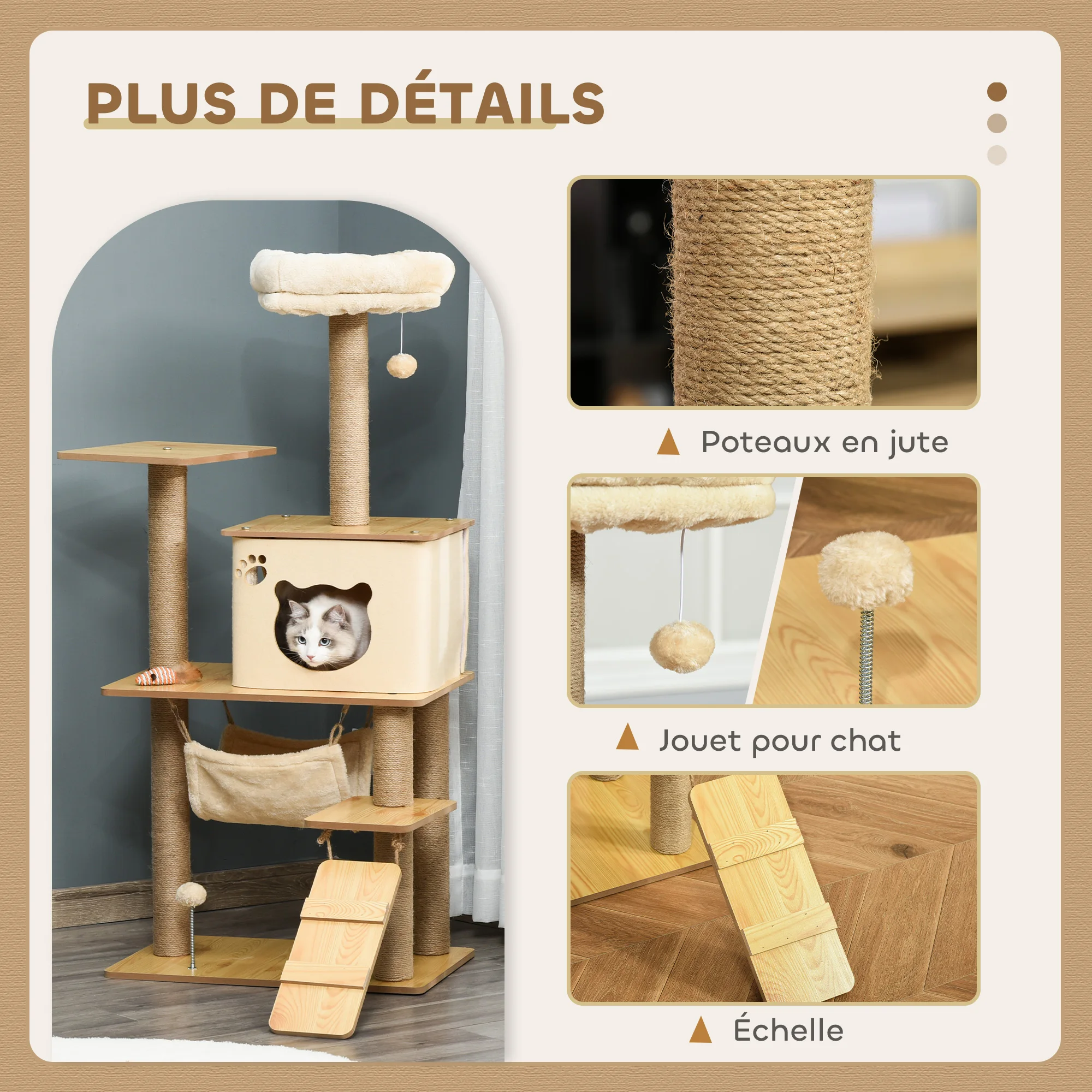Arbre à chat 130 cm avec échelle et hamac pour félin actif – Image 4