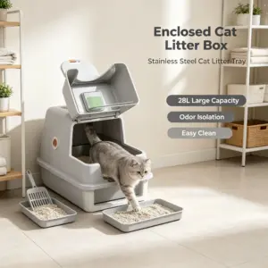 Bac à litière fermé en acier inoxydable 28L avec capot