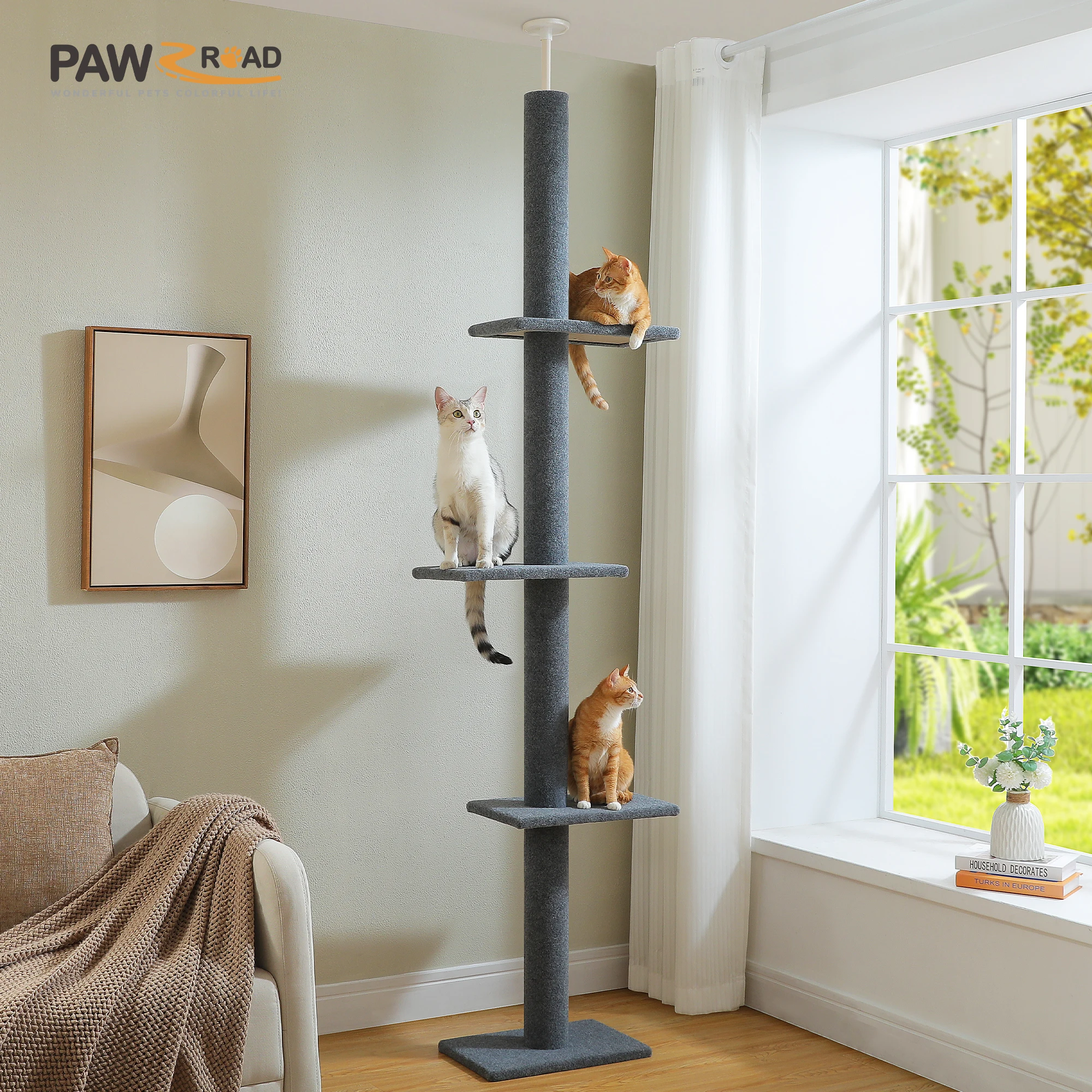 Arbre à chat extensible du sol au plafond avec zones de grattage