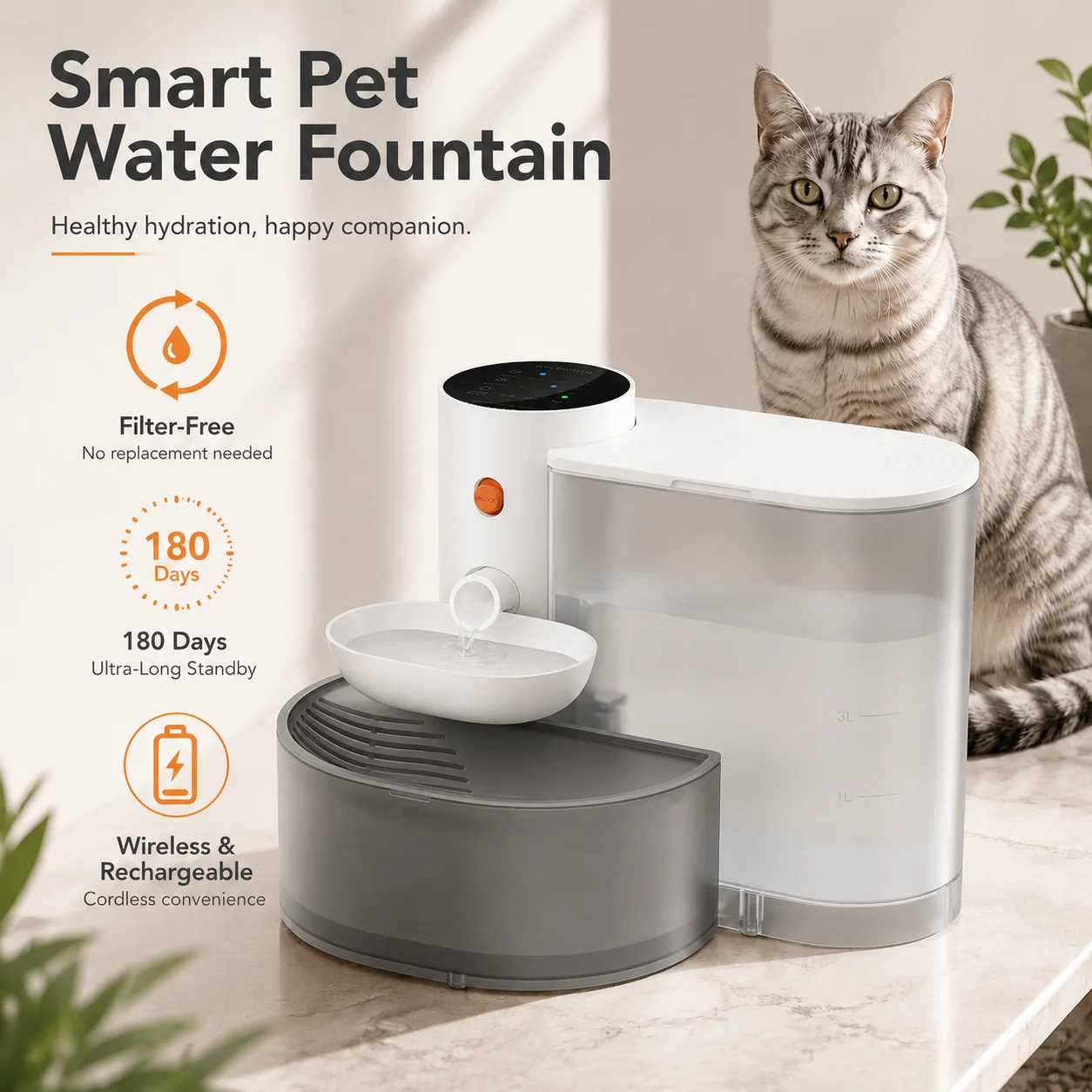 Fontaine à eau sans fil 3L pour chat avec séparation propre