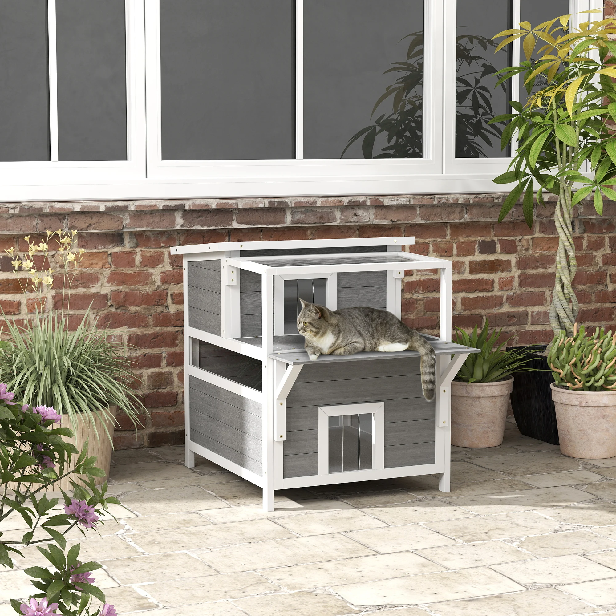 Maison pour chat à deux niveaux avec balcon et toit ouvrant – Image 2