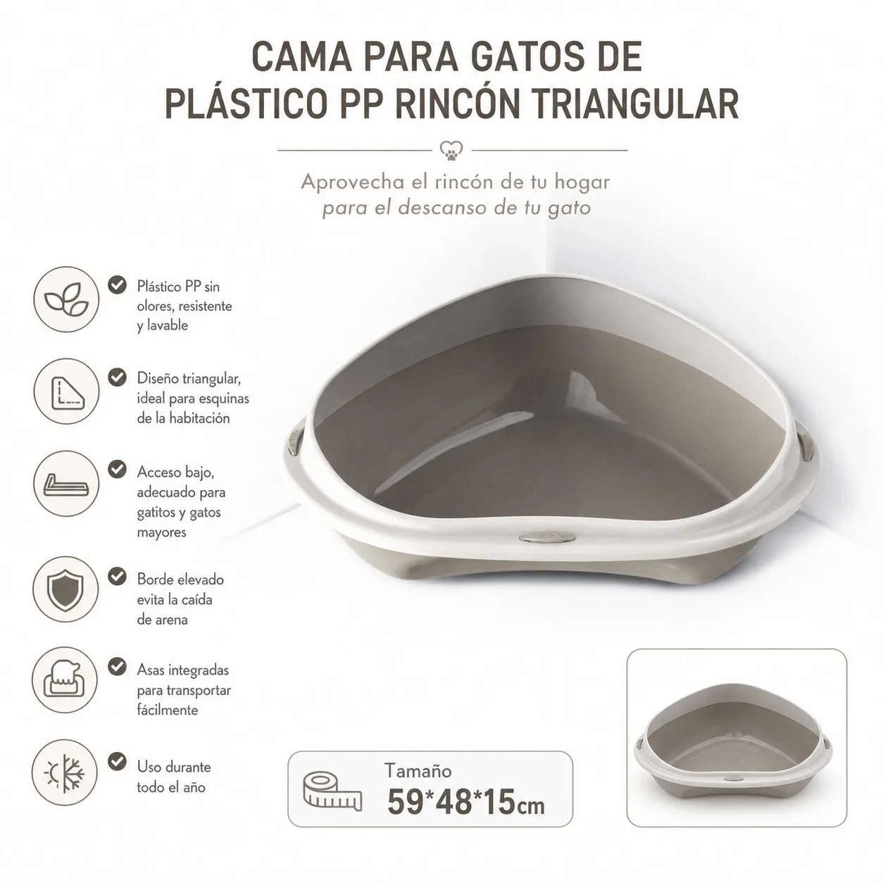 Lit d'angle en plastique PP lavable 59x48x15cm