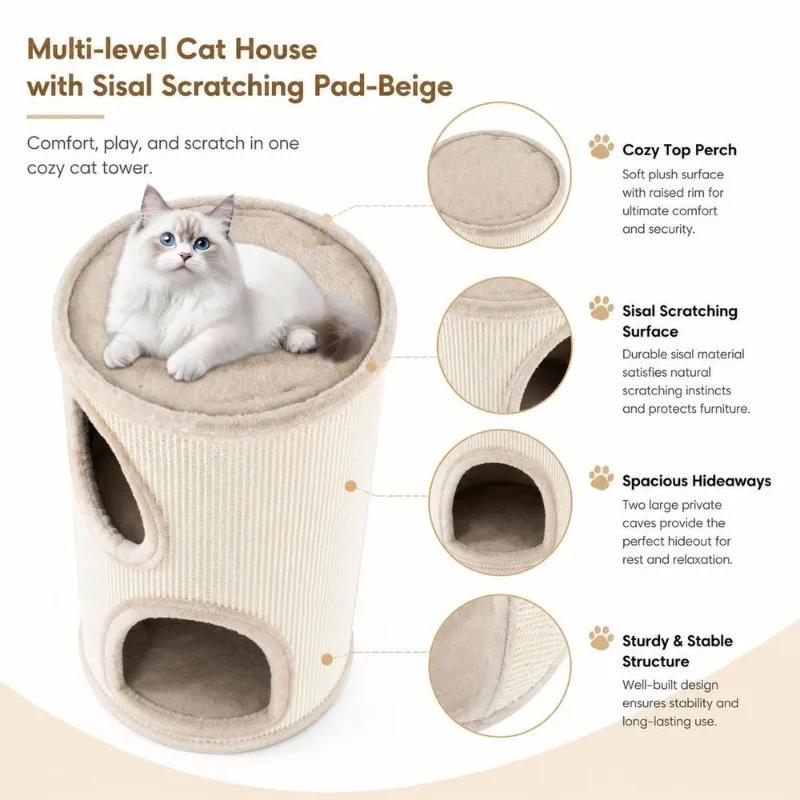Maison à étages pour chat en bois 60x45x55 cm avec griffoir pelucheux – Image 2