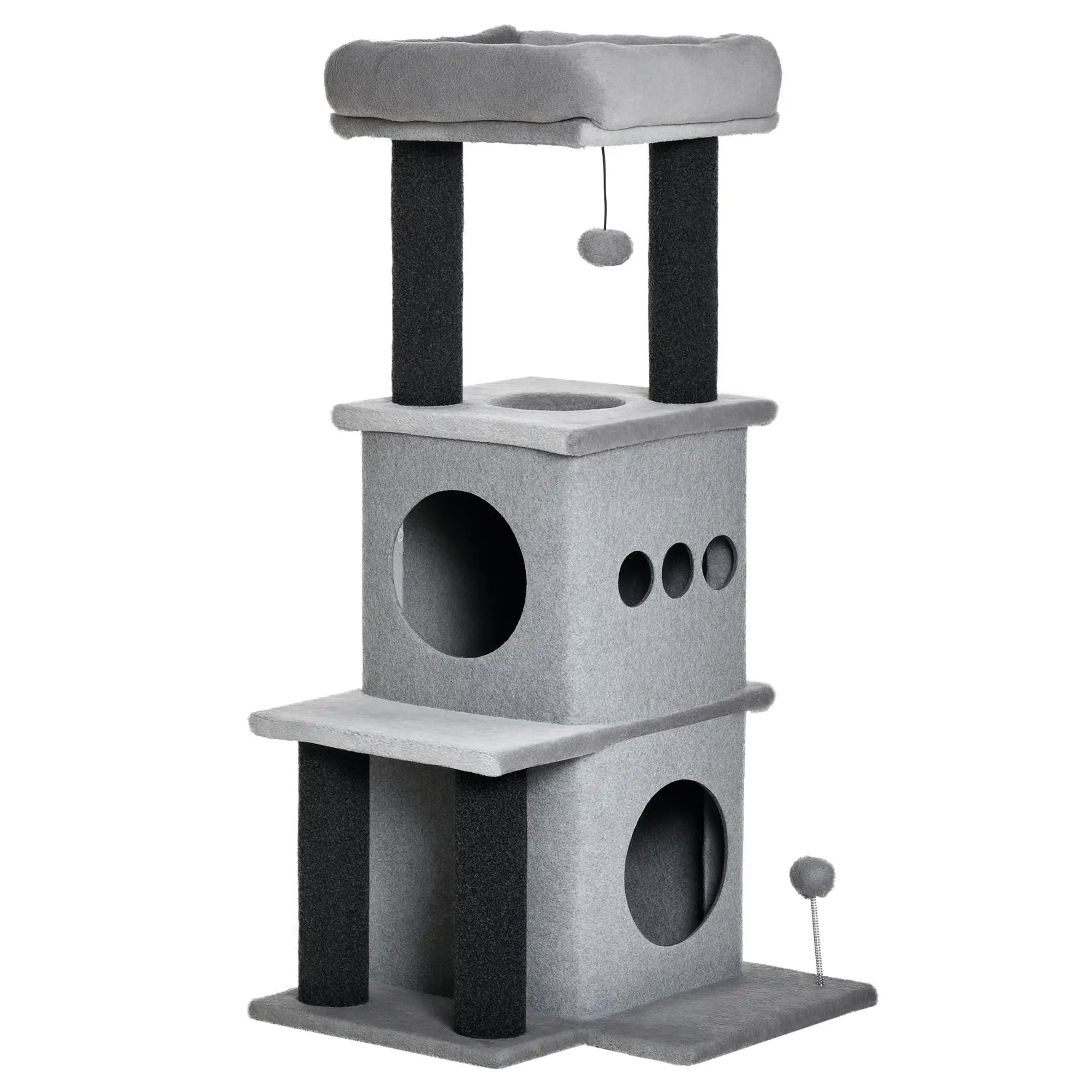 Arbre à chat gris 3 niveaux avec niches et balle