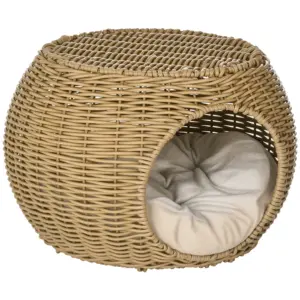 Niche cosy en rotin tressé avec coussin moelleux pour chat