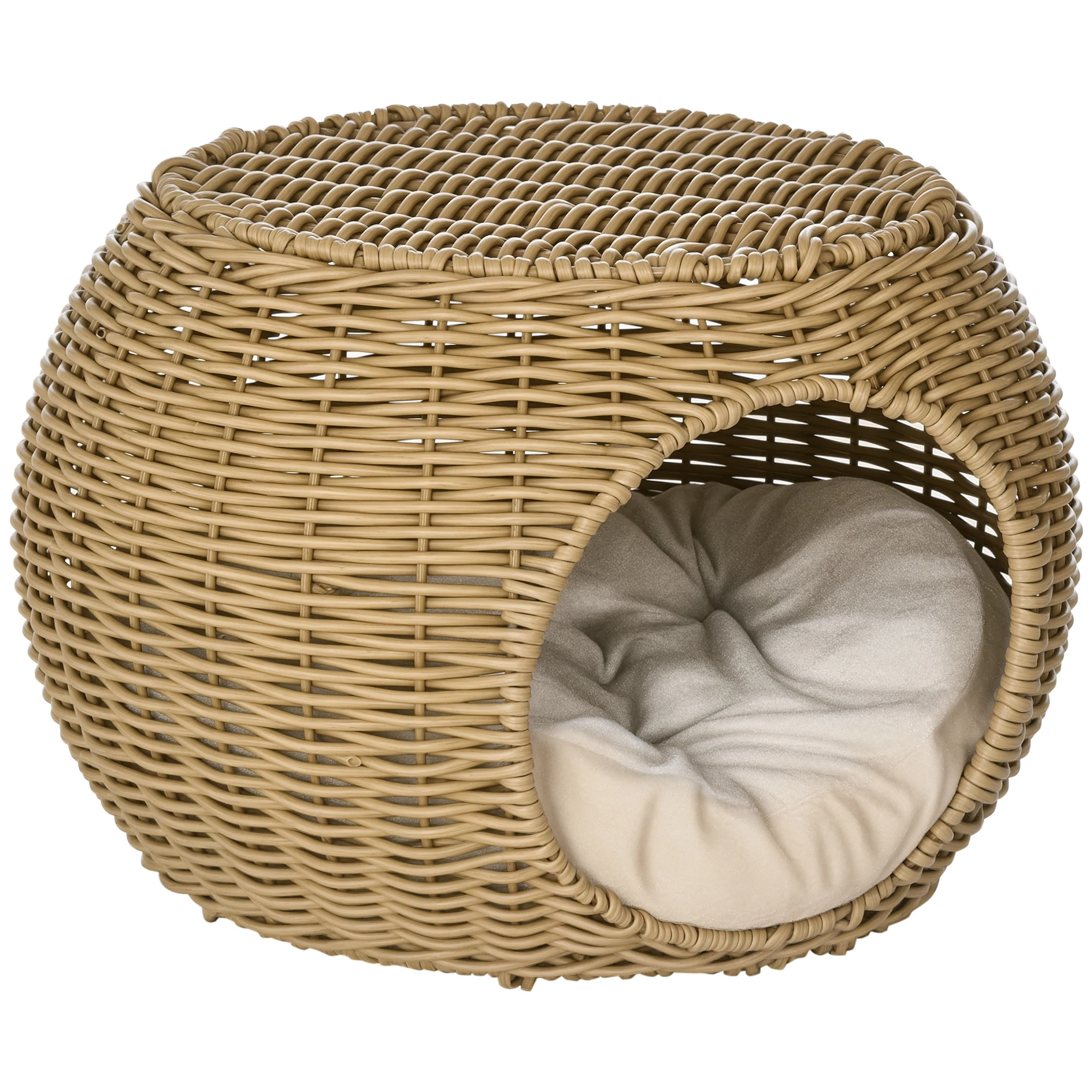 Niche cosy en rotin tressé avec coussin moelleux pour chat