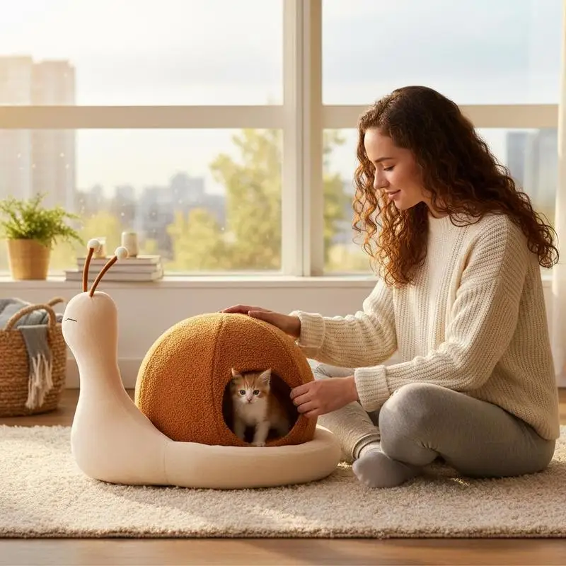 Cocon escargot moelleux et lavable pour chat d'intérieur – Image 2