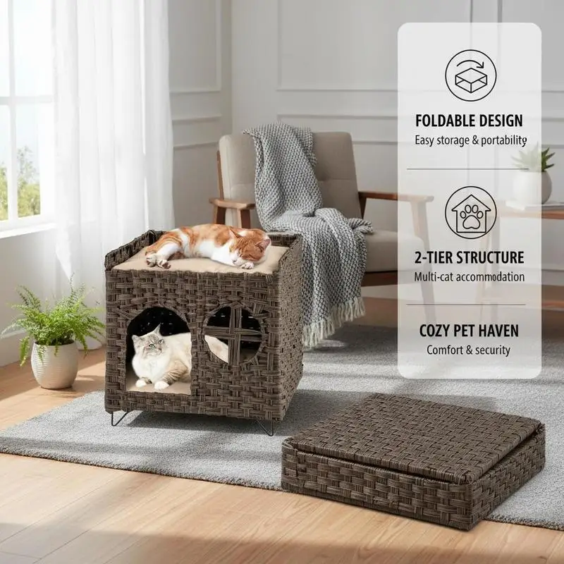 Lit pour chat en rotin pliable 2 niveaux, table d'appoint déco – Image 4