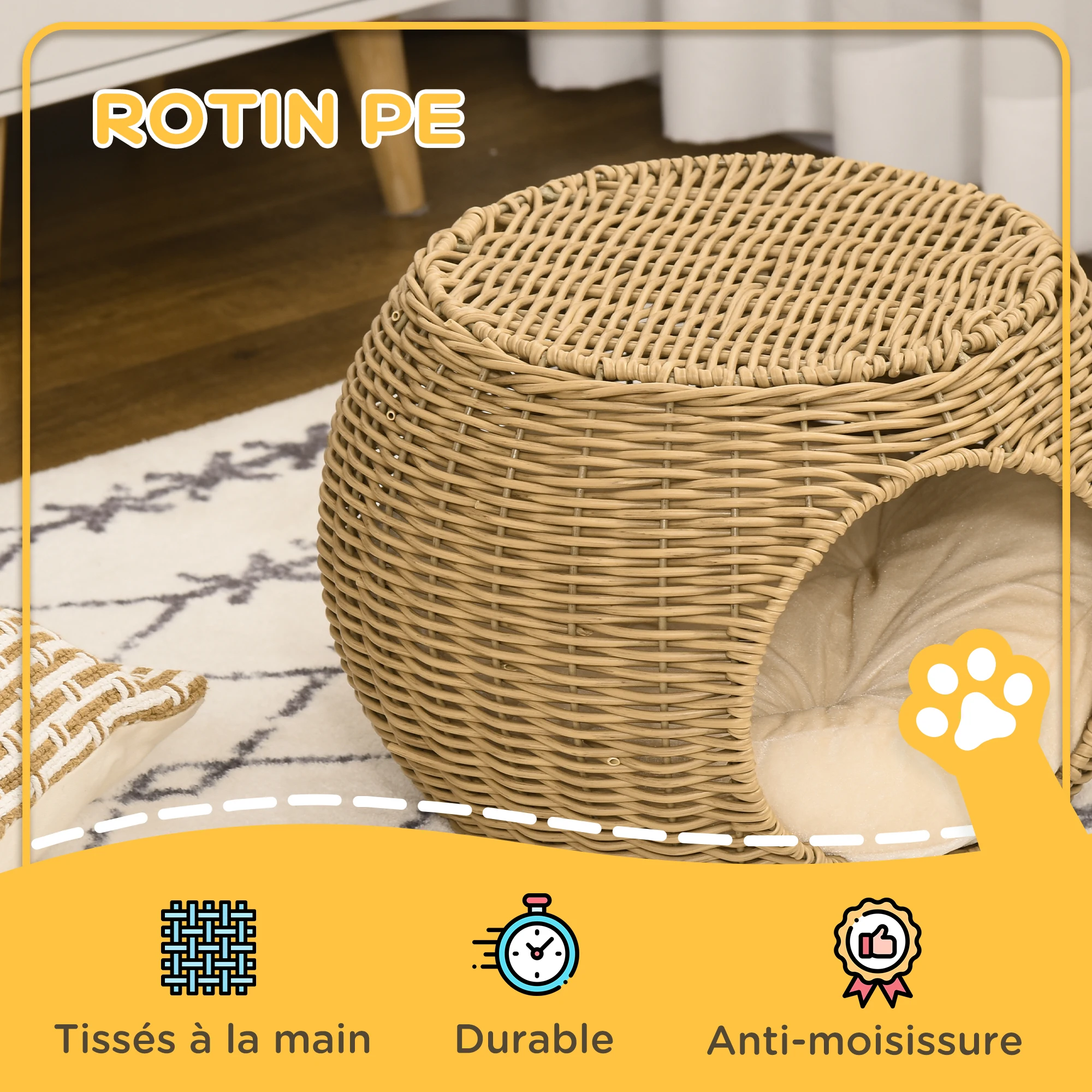 Niche cosy en rotin tressé avec coussin moelleux pour chat – Image 3
