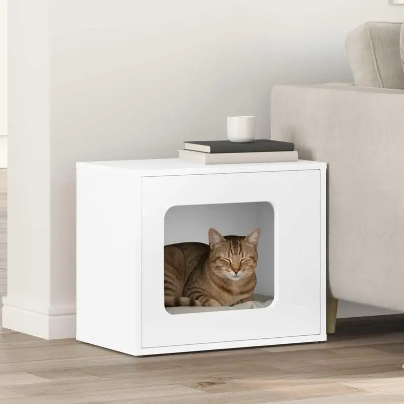 Maison d'intérieur en bois blanc avec espace couvert pour chat
