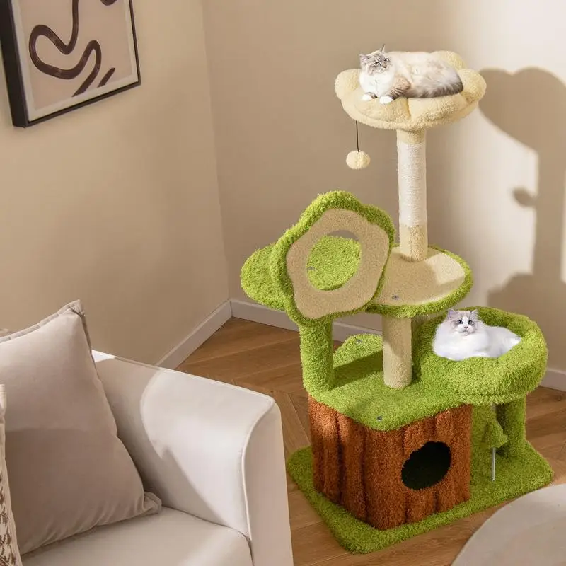 Arbre à chat vert multi-niveaux avec tronc et condo intégré – Image 4