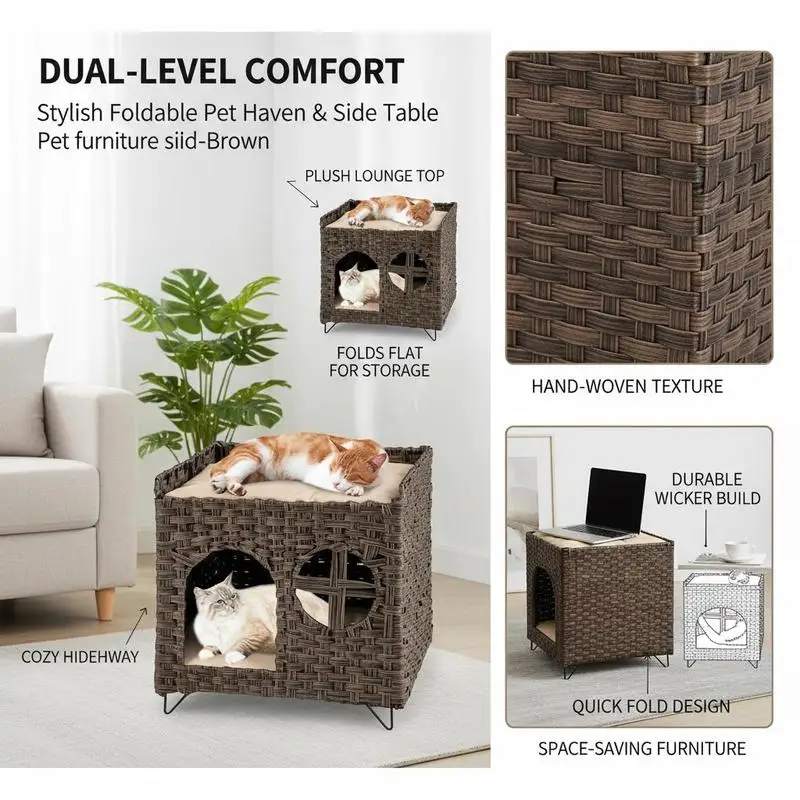 Lit pour chat en rotin pliable 2 niveaux, table d'appoint déco – Image 2